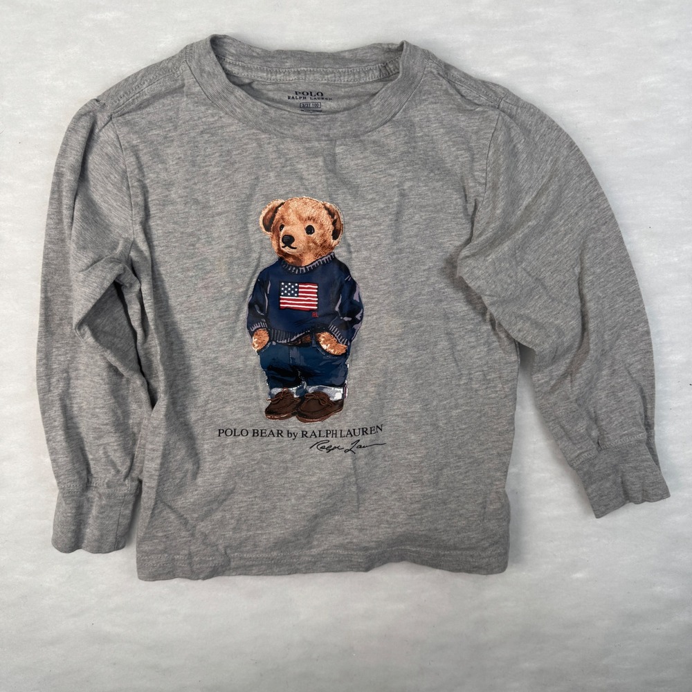 Polo Ralph Lauren Bear Shirt Long Sleeve Tee American Flag Patriotic Kids Sz 3T